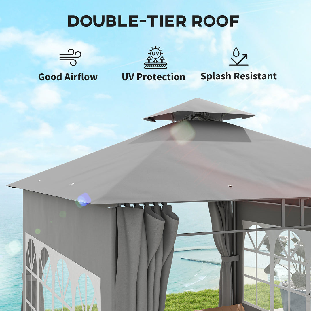 3 x 3 m Garden Gazebo, Double Roof Metal Gazebo with Removable Sidewalls and Church Windows, Outdoor Canopy Shelter, Light Grey