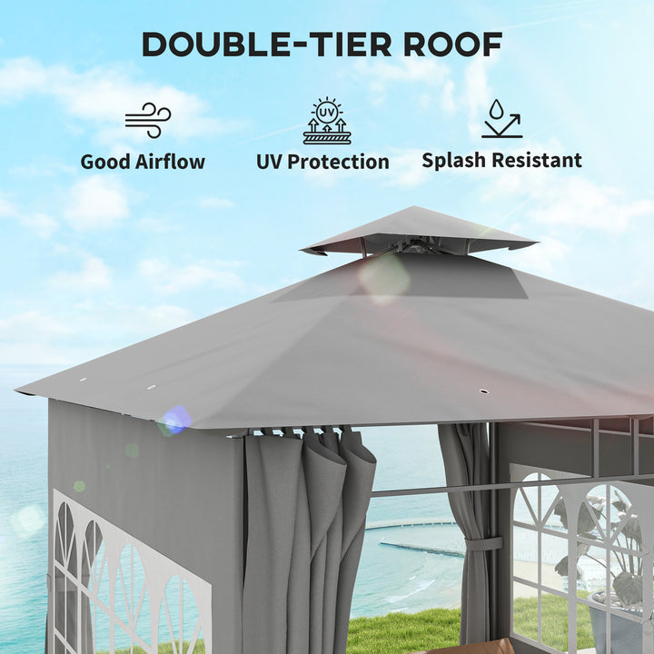 3 x 3 m Garden Gazebo, Double Roof Metal Gazebo with Removable Sidewalls and Church Windows, Outdoor Canopy Shelter, Light Grey