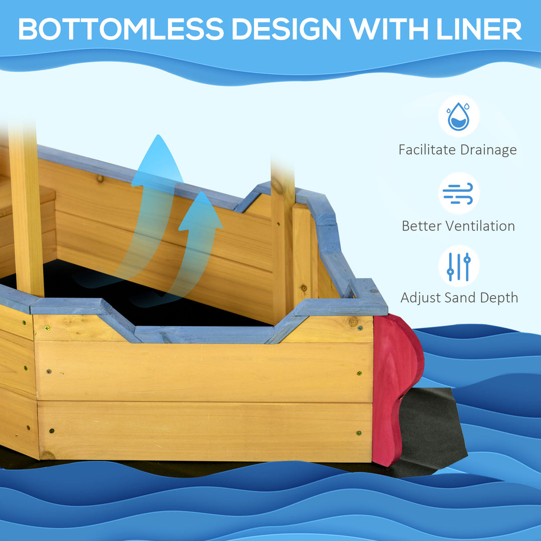 Kids Wooden Sand Pit Children Sandbox Pirate Ship Sandboat Play Station for Outdoor w/ Canopy Shade Storage Bench Bottom Liner