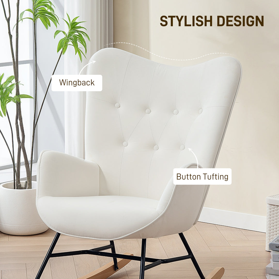 Rocking Chair, Modern Upholstered Velvet Armchair with Solid Wood Legs and Metal Frame for Living Room, Bedroom, Cream