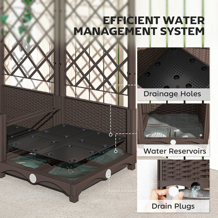 Raised Garden Bed with Trellis, Plastic Planter Box with Drainage Holes, Drain Plugs and Water Reservoirs for Climbing Plants, Vegetables, Flowers, Brown