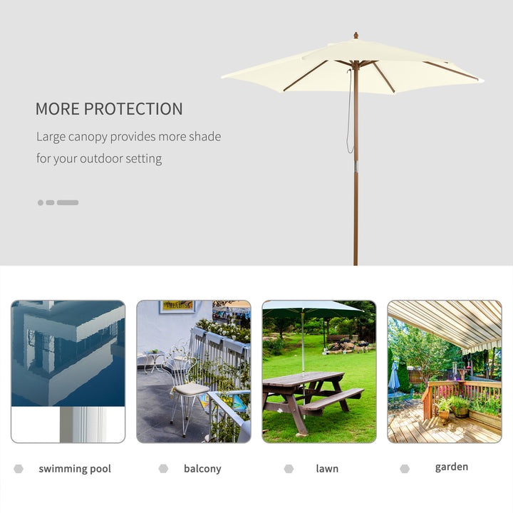 2.5m Patio Umbrella, Wood Garden Parasol, Sun Shade with 6 Ribs and Top Vent for Outdoor, White