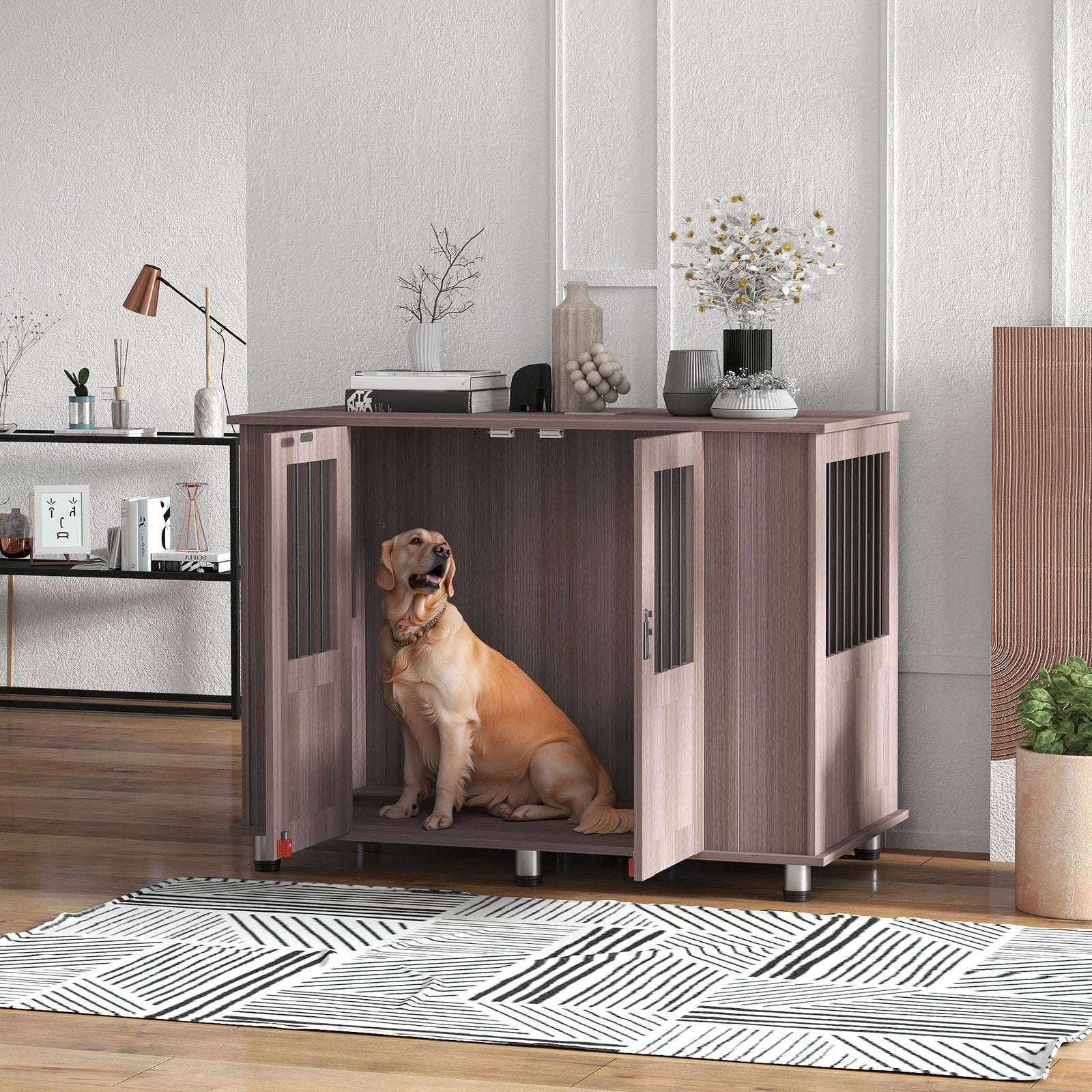 Dog Crate Table for Medium and Large Dogs with Magnetic Door for Indoor Use, 116 x 60 x 87 cm, Purple