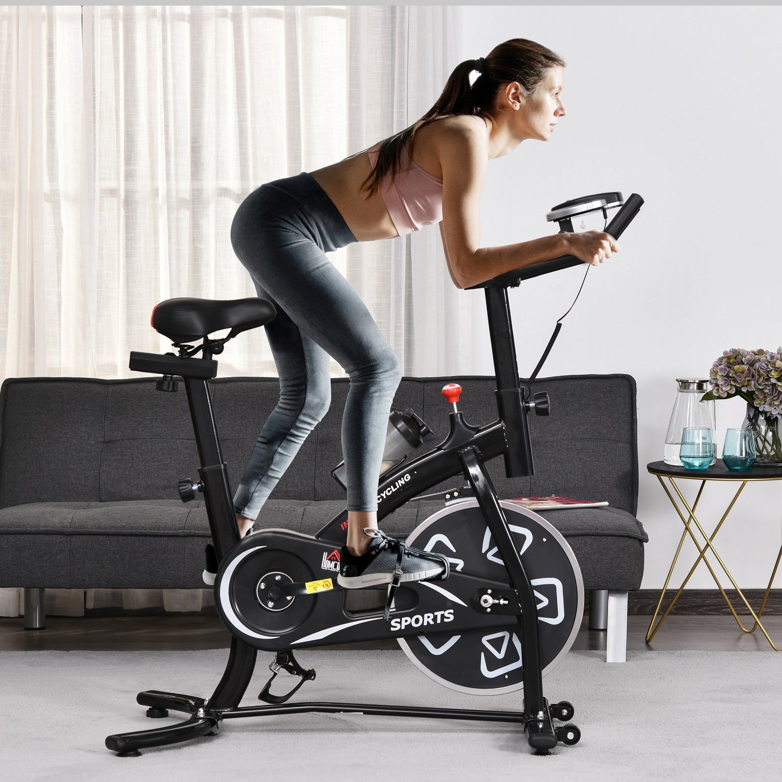 Indoor Stationary Exercise Bike 6kg Flywheel Fitness Cardio Workout Bke Trainer for Home Gym w/ Adjustable Resistance LCD Monitor Pad and Bottle Holder Black