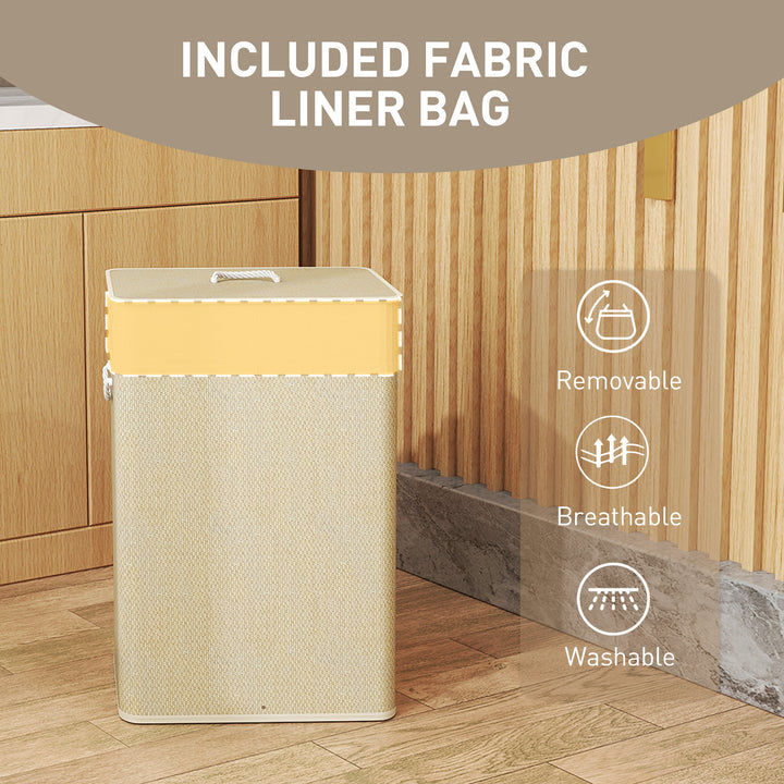Bamboo Laundry Basket with Lid, 72L Laundry Hamper with Rope Handles, Washing Basket with Removable Washable Liner Bag for Bathroom, Bedroom, Nature Wood Finish