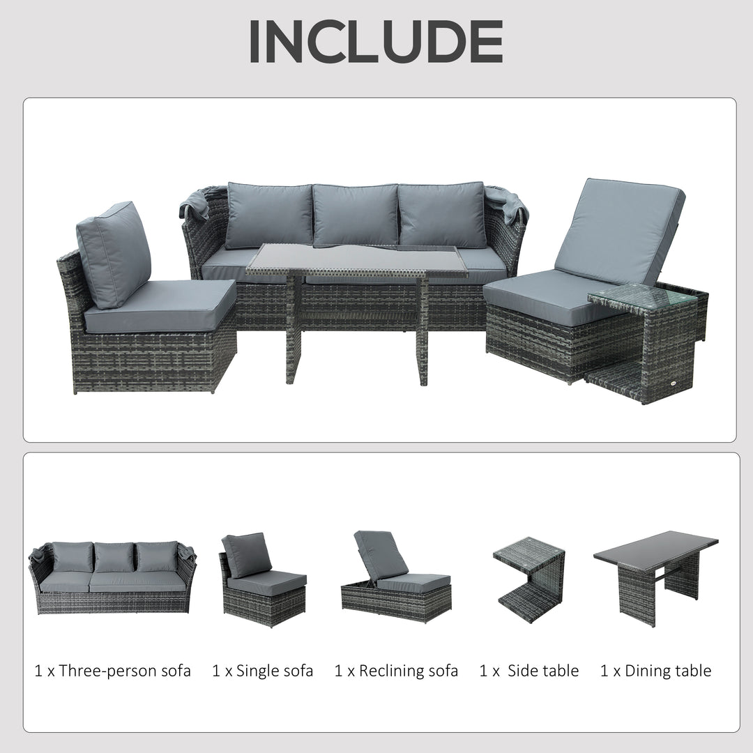 MCL 5 PCS Outdoor Rattan Wicker Sofa Sets Reclining Sofa Adjustable Canopy & Side Table Dining Table Set Sectional Conversation Furniture w/ Cushions, Mixed Grey