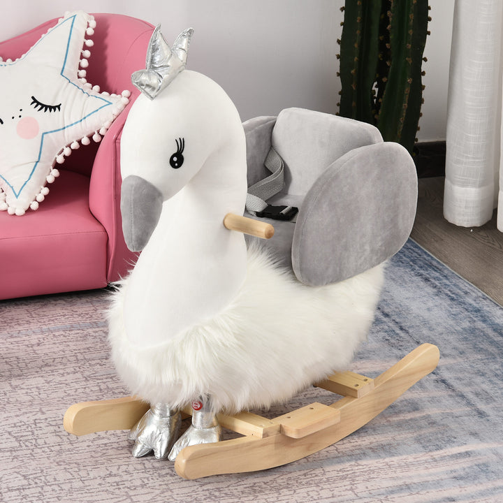 MCL Kids Rocking Horse, Children Plush Ride On Swan Animal Rocker w/ Sound, Wood Base Seat, Safety Belt, Baby Toy Rocker for Toddler 18 - 36 Months, White and Grey