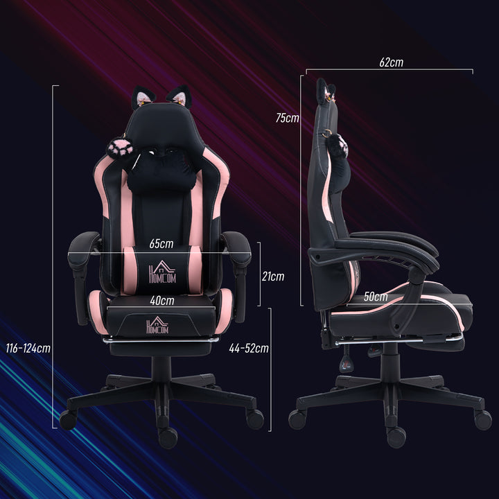 Cat Ear and Paw Reclining Office Chair, with Footrest - Black/Pink