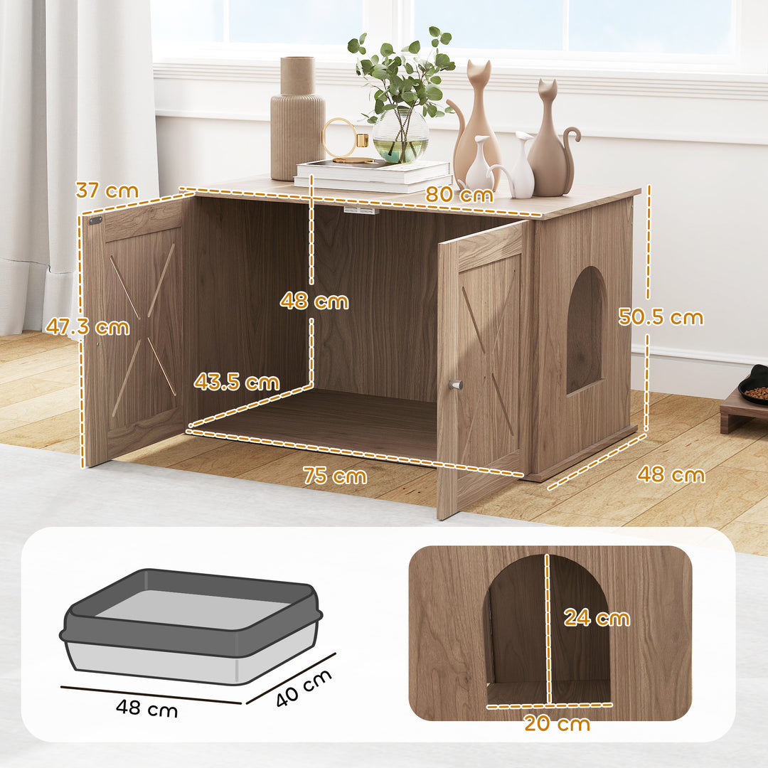 Cat Litter Box Enclosure with Double Doors and Side Entrance, Non-Slip Pads for Living Room, Walnut Brown