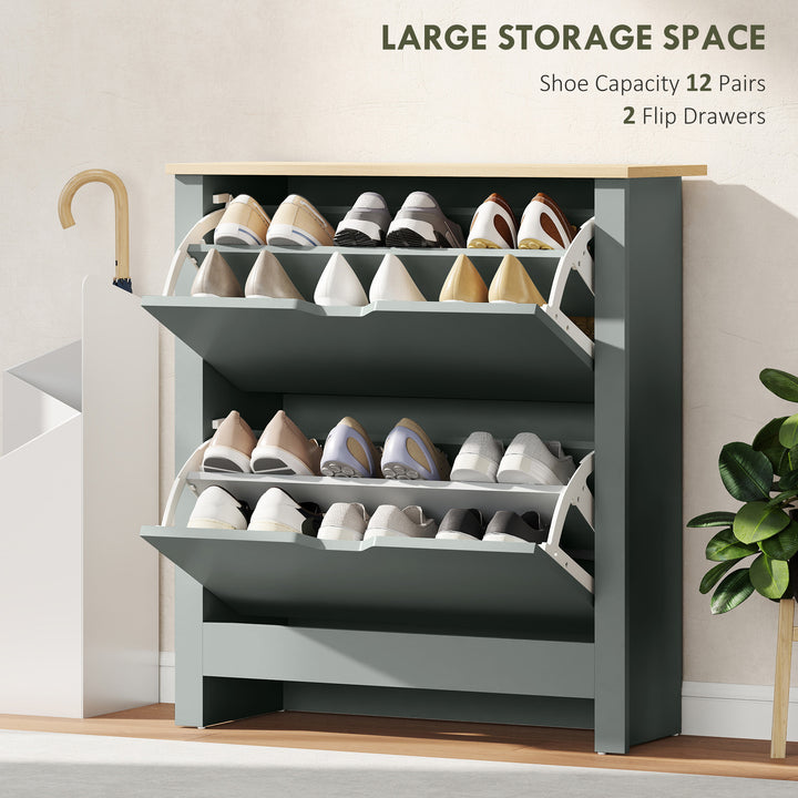 Slim Shoe Cabinet, Narrow Shoe Cupboard with 2 Flip Drawers, Adjustabl