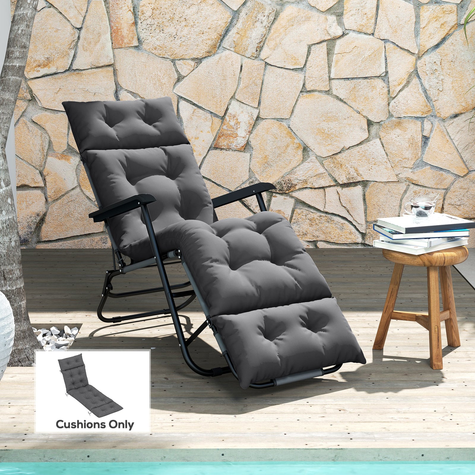 Sun Lounger Cushions Only, 190x56x10cm Garden Lounge Chair Cushions, UPF20+ 220gsm Fabric, Thick Sunbed Replacement Pads with 6 Ties, Dark Grey