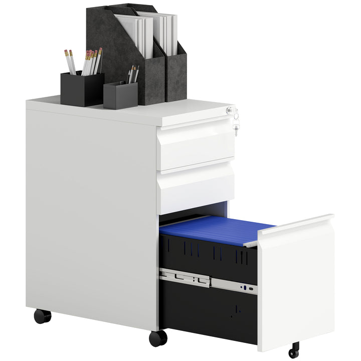 3-Drawer Steel Filing Cabinet with Lock and Wheels - White