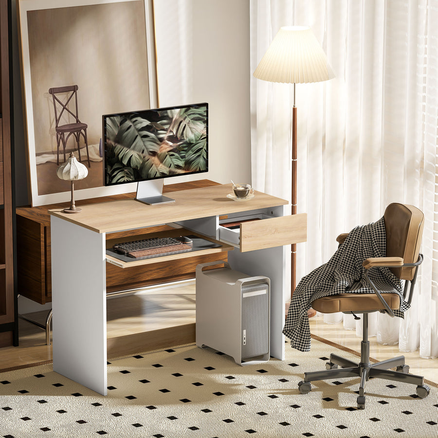 100cm Compact Computer Desk with Keyboard Tray, Home Office Desk with Drawer for Bedroom Study, Oak