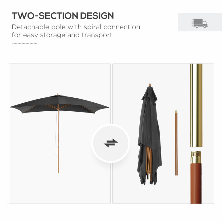 2 x 3m Wooden Garden Parasol Umbrella Outdoor Sun Shade Canopy, Dark Grey