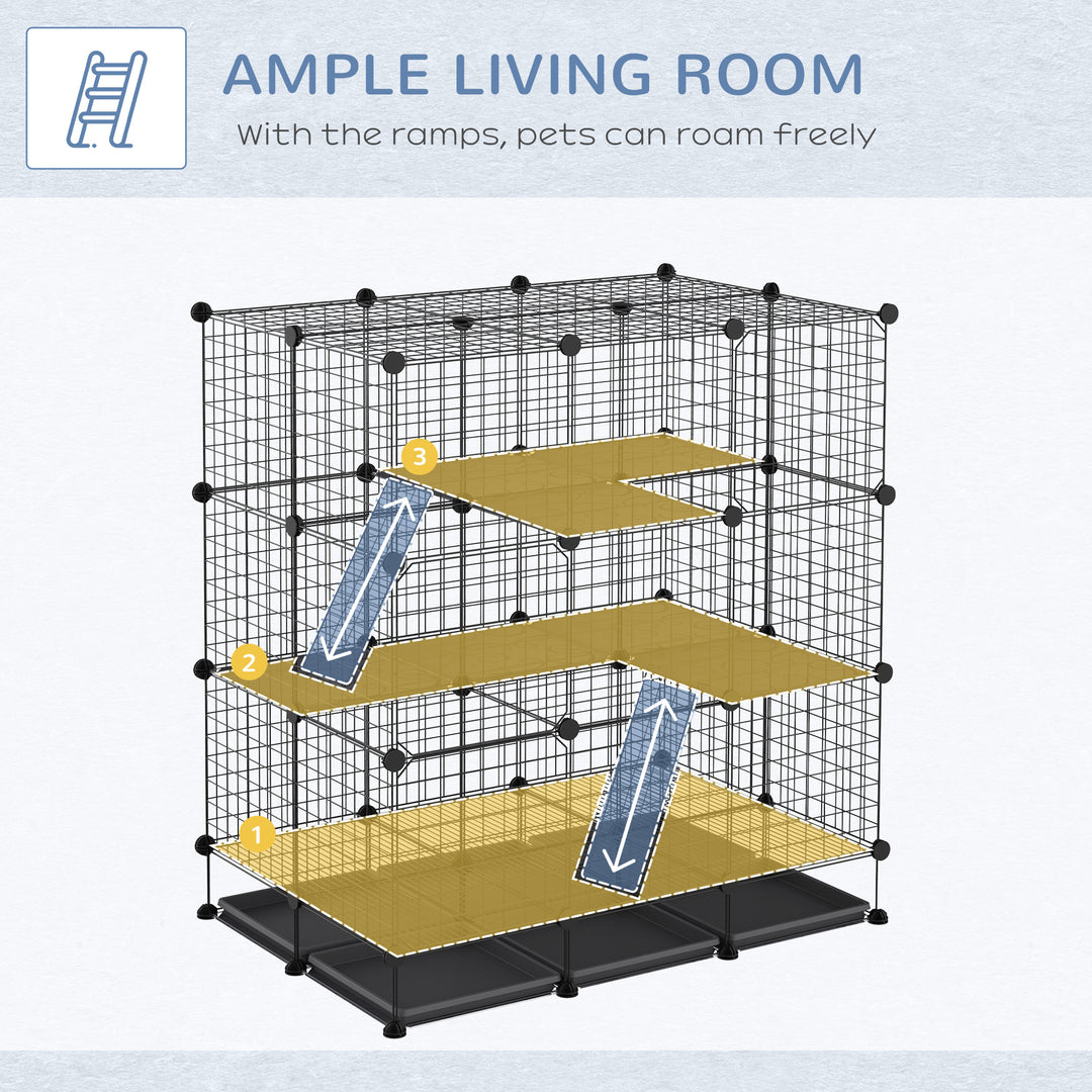 3 Level DIY Pet Playpen Metal Small Animal Cage Rabbit Ferret Chinchillas Cage 4 Doors Bottom Trays Black