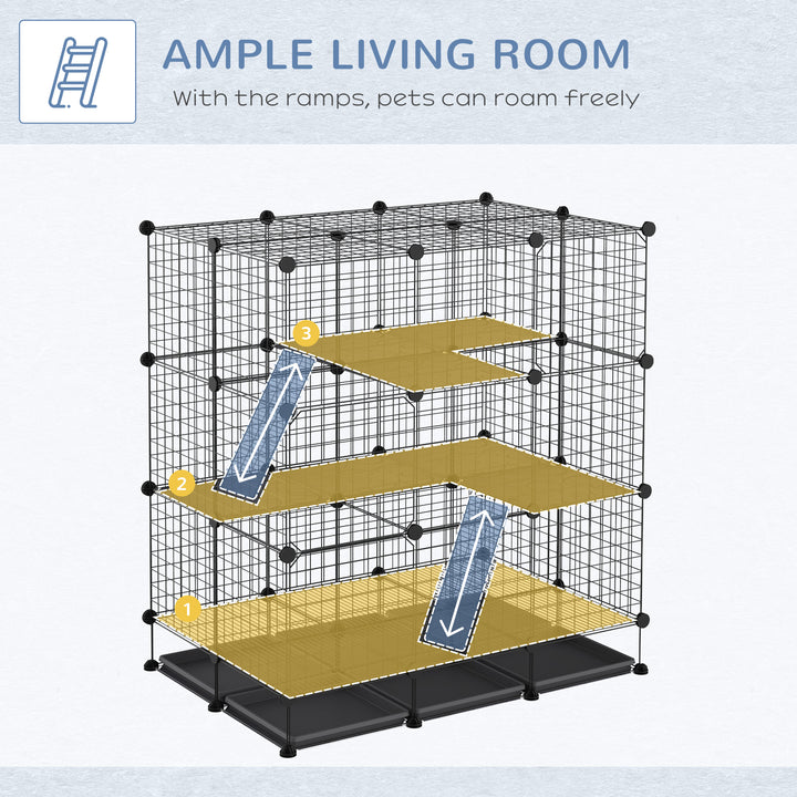 3 Level DIY Pet Playpen Metal Small Animal Cage Rabbit Ferret Chinchillas Cage 4 Doors Bottom Trays Black