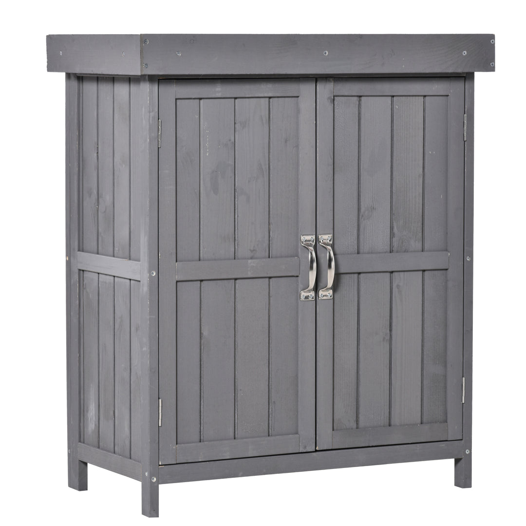 Small Shed, Wooden Garden Shed with Openable Hinged Roof and Removable Shelf, Outdoor Tool Storage Cabinet Chest with Double Doors, 74 x 43 x 88 cm, Grey