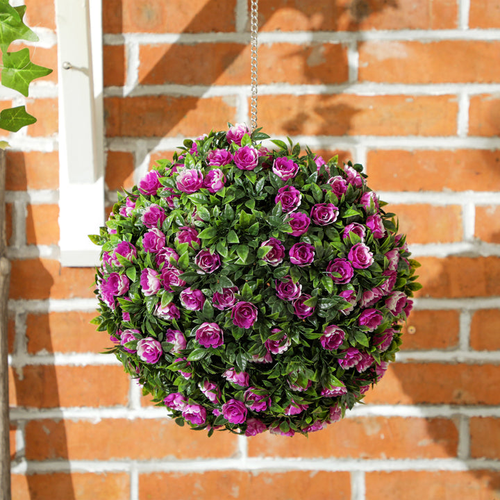 Set of 2 Decorative Artificial Plants, UV-protected Artificial Plant Topiary Rose Balls, Fake Plants for Home Indoor outdoor Decor, 28cm, Purple