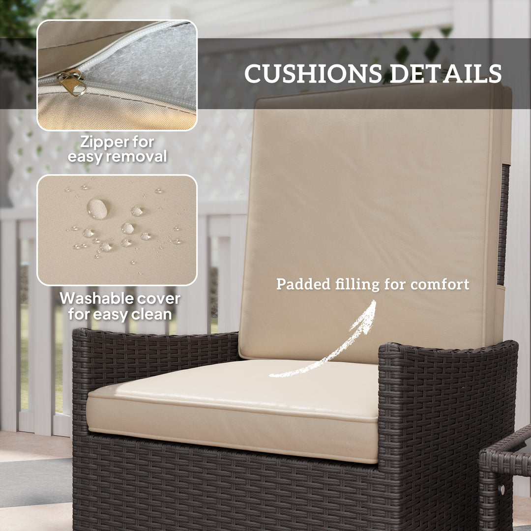 5 Piece Rattan Garden Furniture Set, Wicker Patio Sofa Set with 2 Armchairs, 2 Footstools, Glass Top Coffee Table with Shelf, Outdoor Furniture with Adjustable Backrests, Cushions, Khaki