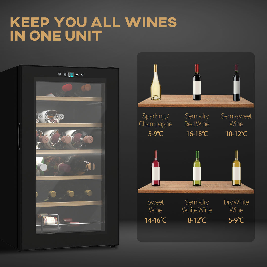 24 Bottle Wine Fridge, 65 Litre Capacity, 43cm Freestanding Wine Cooler Fridge with Glass Door, LED Light, Digital Touch Screen, Temperature Control, Black