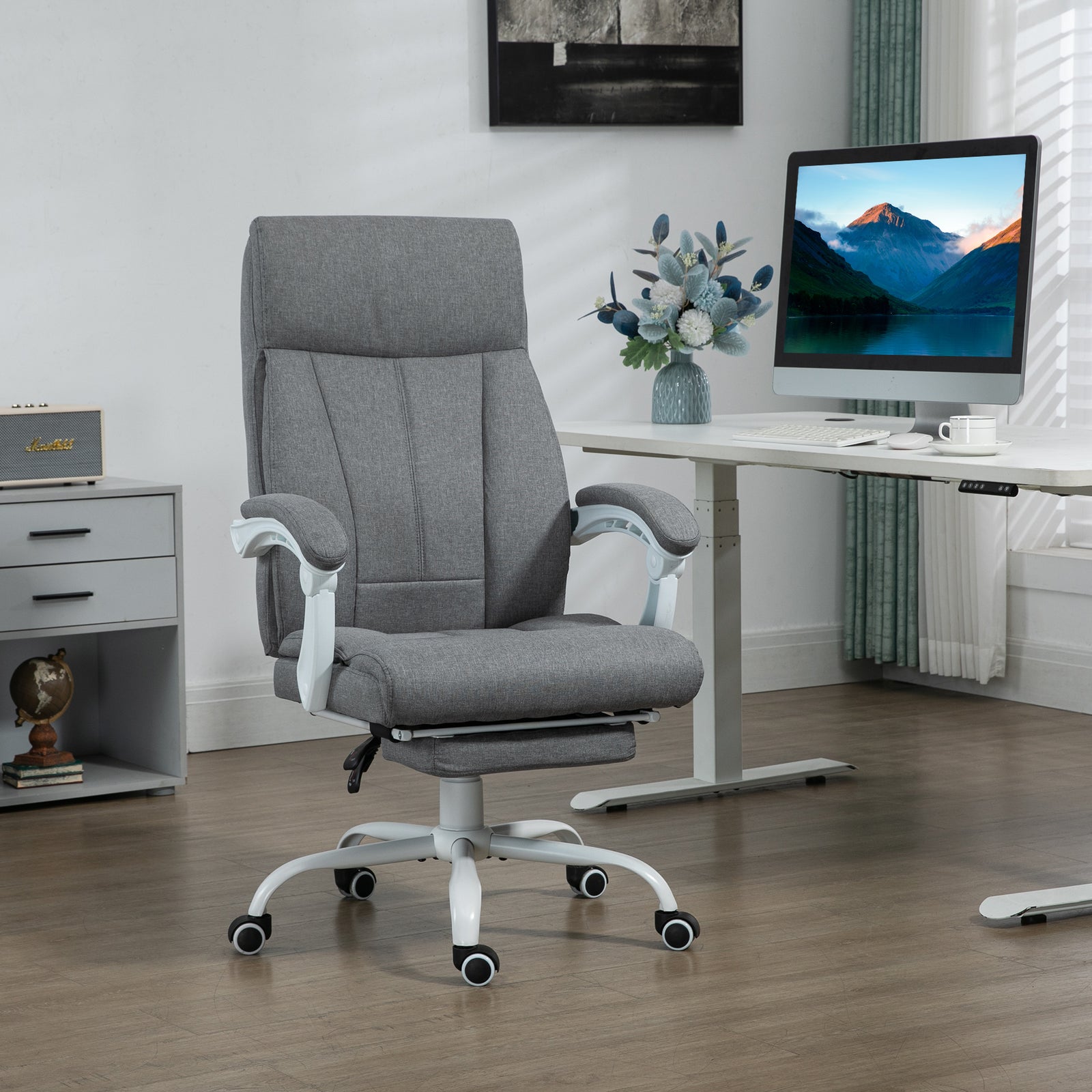 Office Chair, Ergonomic Desk Chair, Fabric Work Study Chair with 155° Reclining Back and Footrest, Adjustable Height and Swivel Wheels, Grey