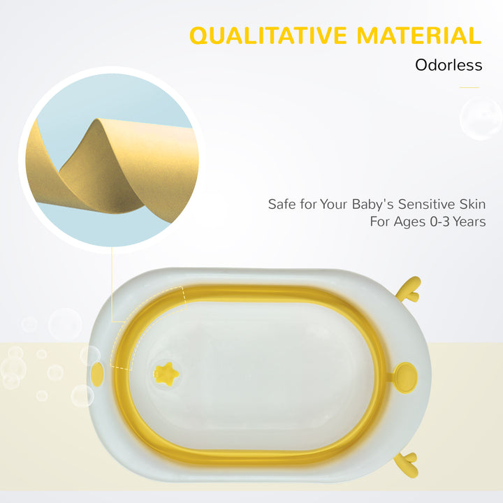 Foldable Baby Bathtub Set, Collapsible Bath Tub with Thermostatic Water Plug, Non-Slip Support, Cushion Pad, Drain Plugs, for Newborn to 3 Years - Yellow