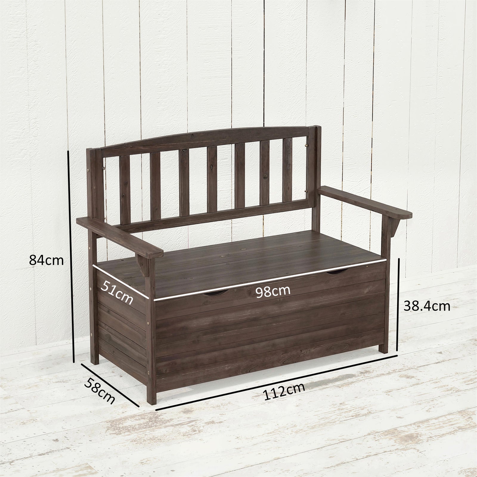 Outdoor 2 Seater Garden Bench, Wooden Bench with Storage, Backrest, Ar