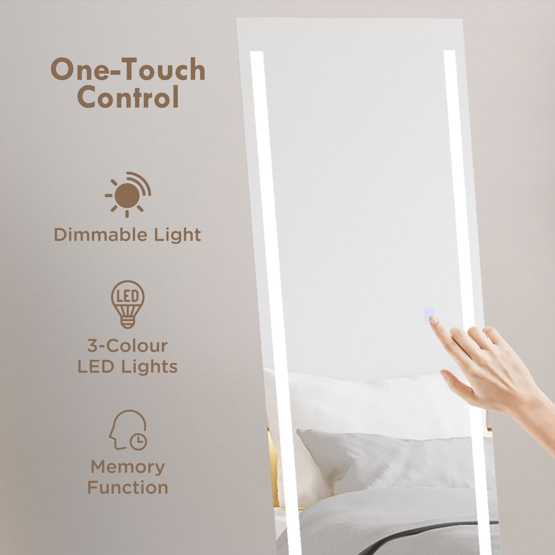 HOMCOM LED Dressing Mirror, Standing Wall Bedroom Mirror with Dimmable 3 Colour Lighting, 23W, 40x50x148cm, White | Aosom UK