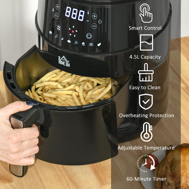 HOMCOM Compact 4.5L Digital Air Fryer, 1500W with Rapid Air Technology, Adjustable Settings & Nonstick Basket, Black | Aosom UK