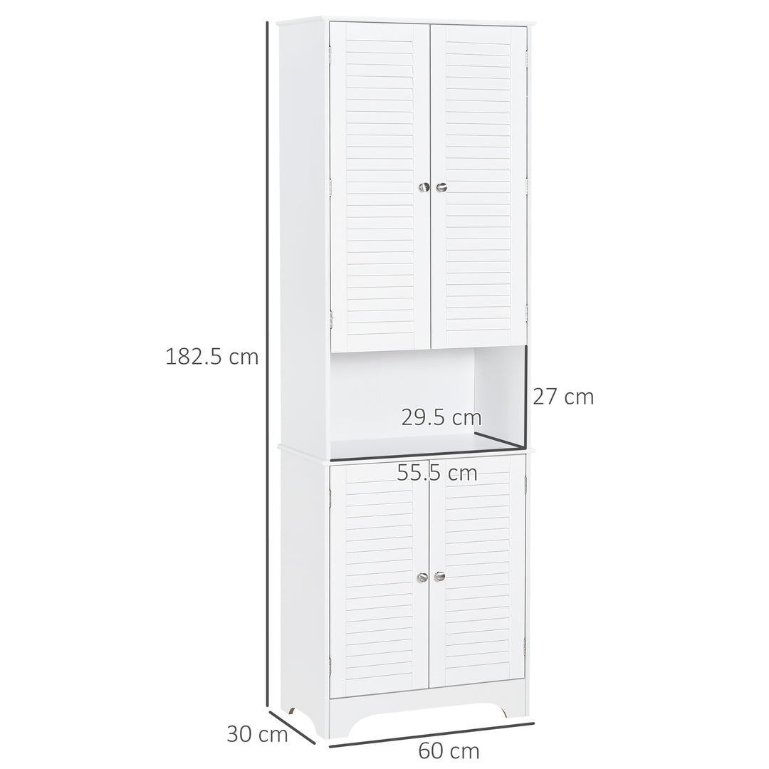 Tall Freestanding Bathroom Cabinet Retro Shutters w/ 3 Compartments Shelves Elevated Base Narrow Organiser White 60L x 30W x 182.5H cm