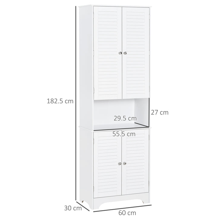 Tall Freestanding Bathroom Cabinet Retro Shutters w/ 3 Compartments Shelves Elevated Base Narrow Organiser White 60L x 30W x 182.5H cm