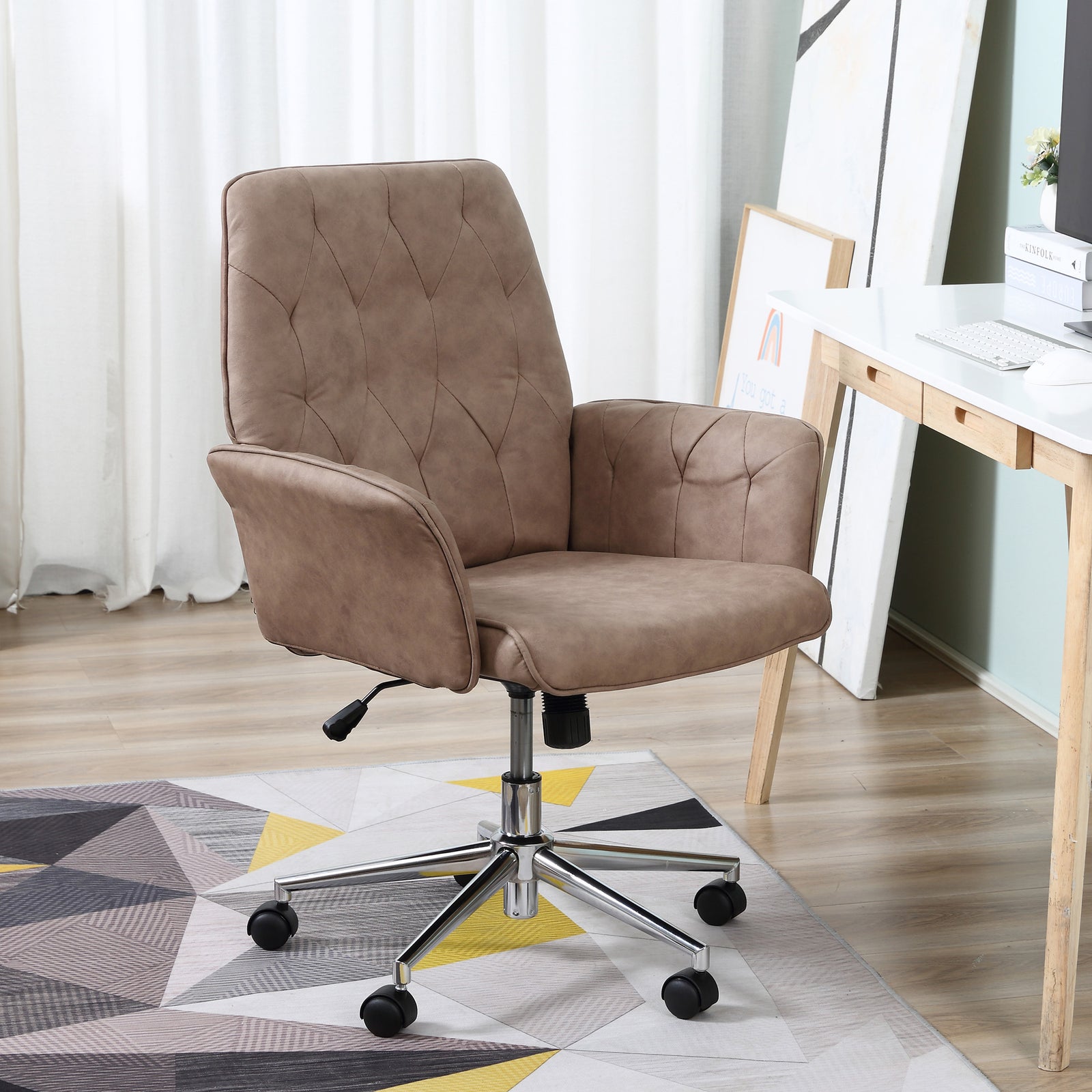 Office Desk Chair, Microfibre Vanity Chair with Height Adjustable, Armrest, Swivel Chair for Home, Coffee