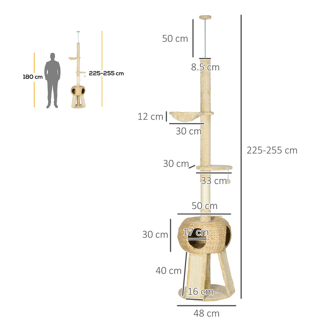 PawHut Feline Playground: Towering 255cm Cat Tree with Scratching Post, Cosy Hideaway & Perches, Beige