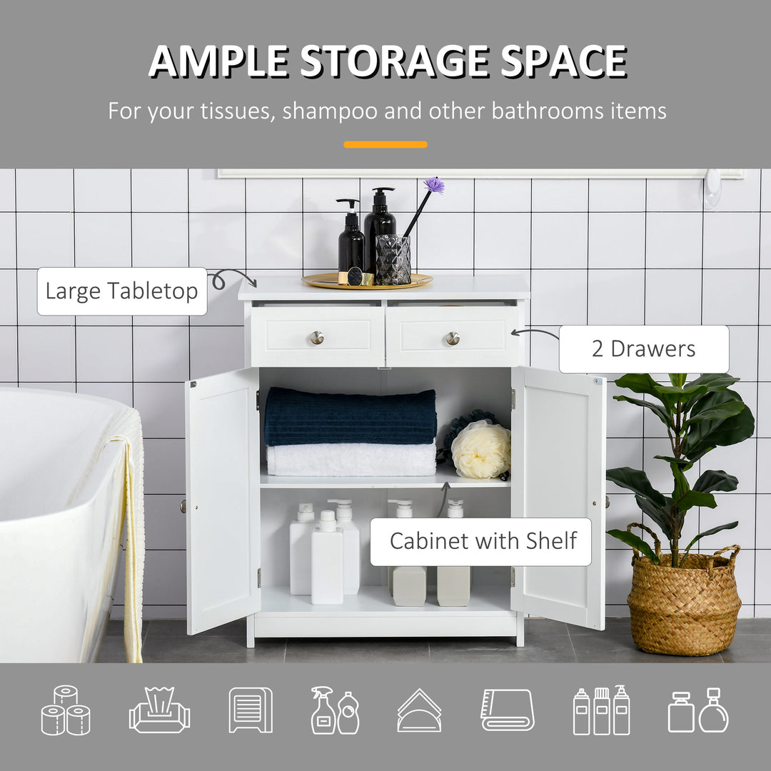 75x60cm Freestanding Bathroom Storage Cabinet Unit w/ 2 Drawers Cupboard Adjustable Shelf Metal Handles Traditional Style White