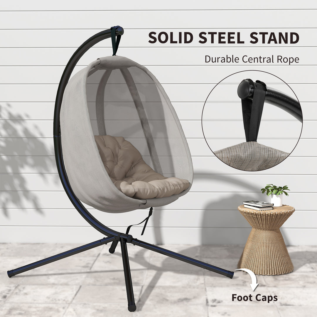 MCL Hanging Egg Chair, Folding Texteline Swing Hammock with Side Pocket, Cushion and Stand for Indoor Outdoor, Patio Garden Furniture, Khaki