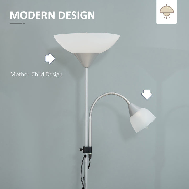 LED Floor Lamp for Living Room, 180cm Tall Standing Lamp, Mother and Child Uplighter with Adjustable Gooseneck, Silver Tone