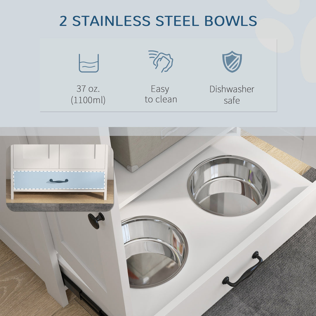 Pet Feeding Station with Raised Dog Bowls, Adjustable Panel, Hooks, White
