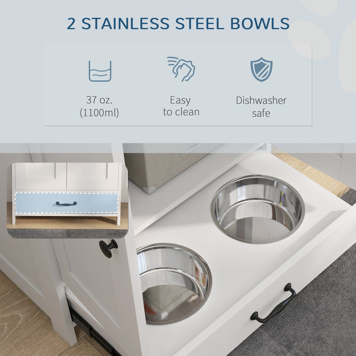 Pet Feeding Station with Raised Dog Bowls, Adjustable Panel, Hooks, White