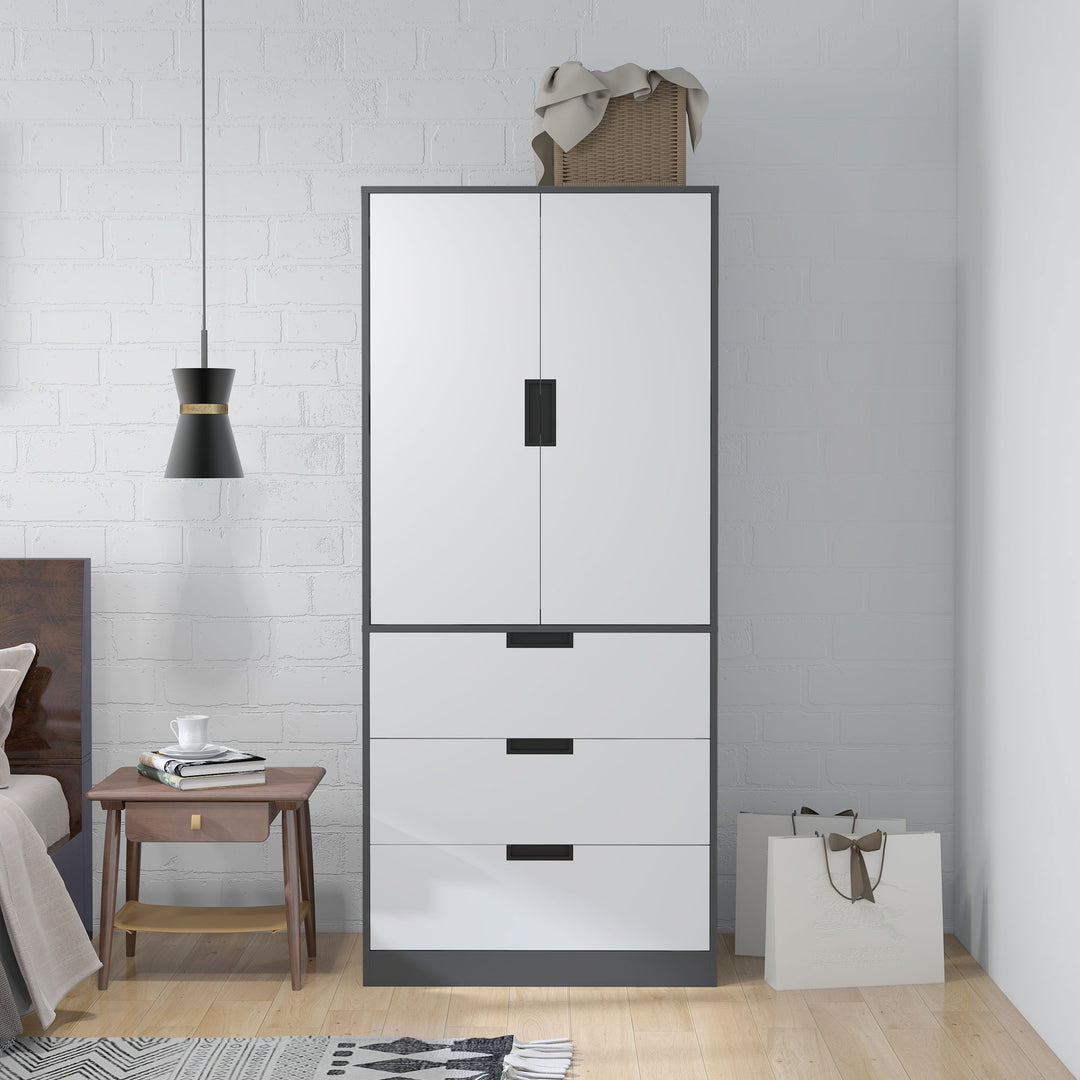 HOMCOM Wardrobe with 2 Doors, Modern Closet with 3 Drawers, Hanging Rod, Bedroom Storage, Grey