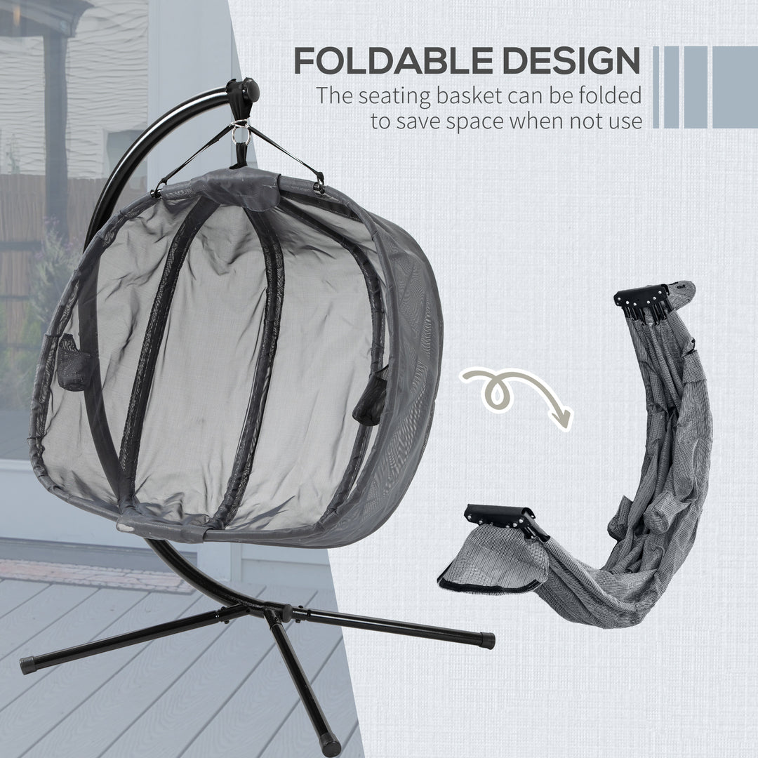 Double Hanging Egg Chair 2 Seaters Texteline Swing Hammock Chair with Stand, Cushion and Folding Design, for Indoor and Outdoor, Grey