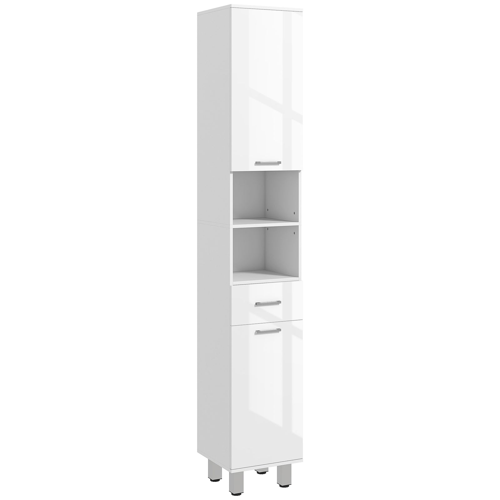 71" Tall Slim Bathroom Storage Cabinet, Tall Narrow Cupboard with Drawer, Open Shelves, 2 Doors Cabinets and Adjustable Shelves for Kitchen, Hallway, Living Room, High Gloss White