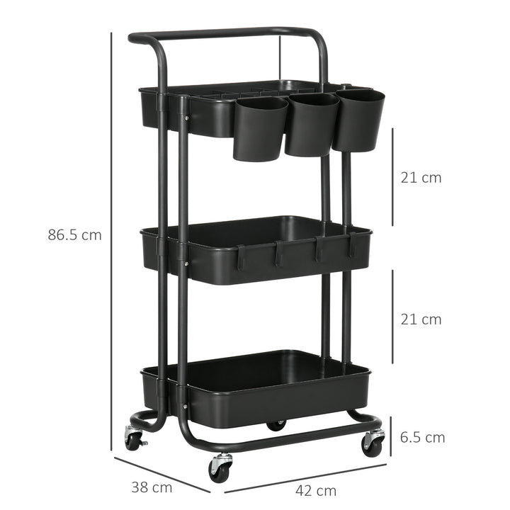 HOMCOM 3 Tier Utility Rolling Cart, Kitchen Cart with 3 Removable Mesh Baskets, 3 Hanging Box, 4 Hooks & Dividers for Living Room, Black | Aosom UK