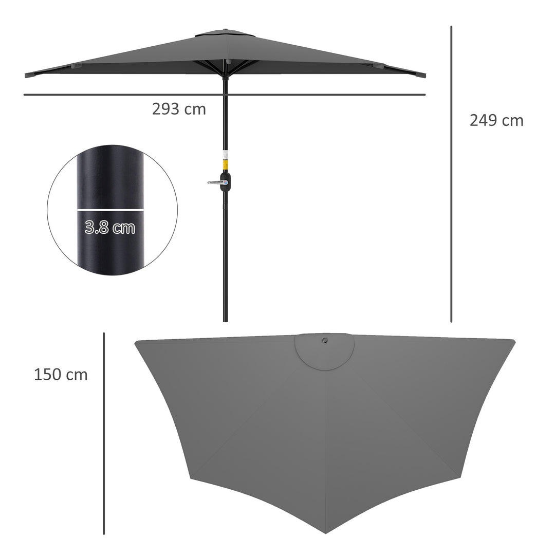 3(m) Half Parasol, Semi Round Umbrella with Metal Frame, Crank Handle for Balcony, Garden, Dark Grey