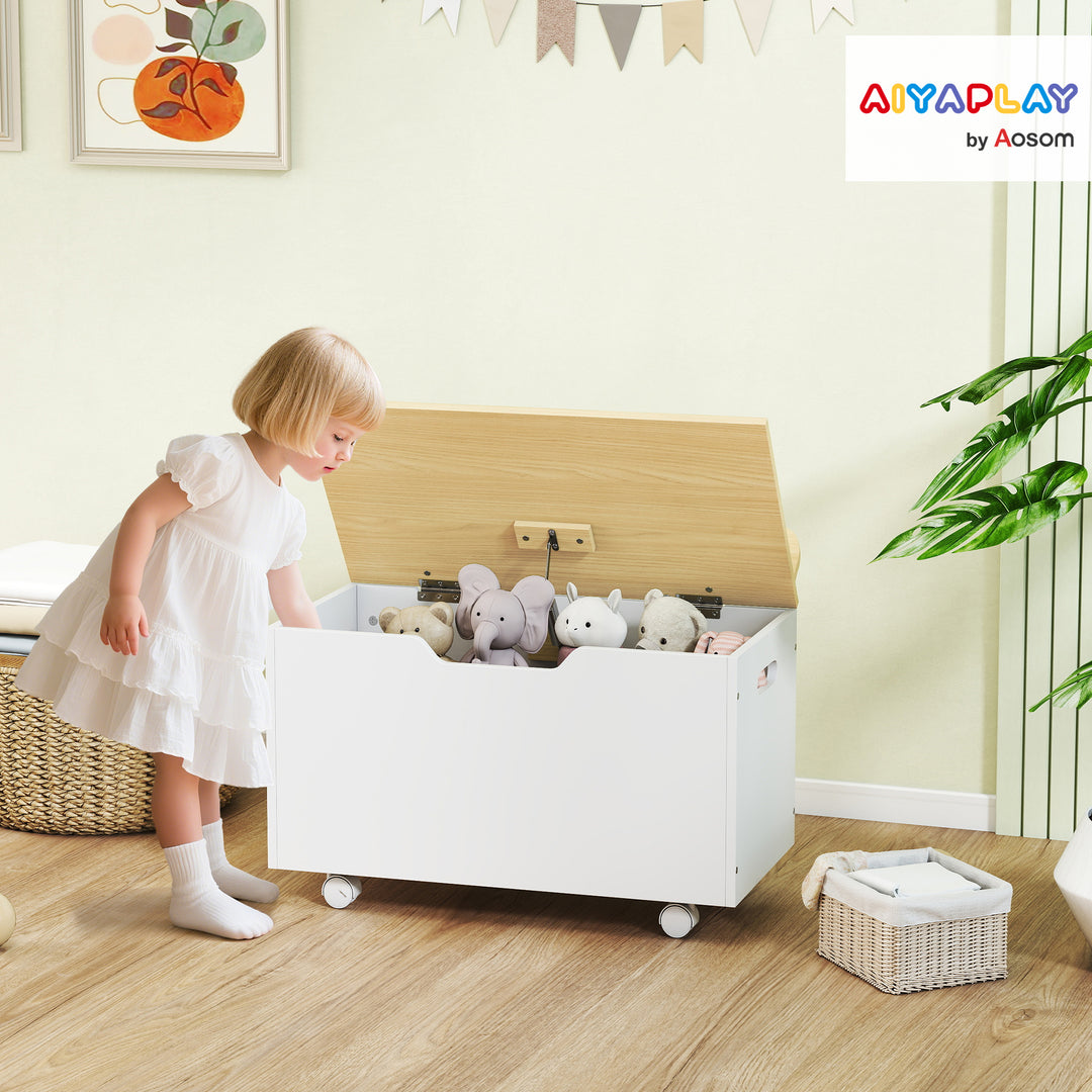 Toy Box with Lid, Toy Chest with Wheels and Safety Hinges, Toddler Storage Organiser for Playroom, Bedroom