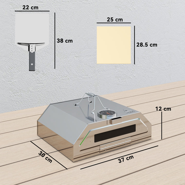 8 in Portable Stainless Steel BBQ Grill Top Pizza Oven with Built-in Thermometer and Viewing Window for Gas and Charcoal BBQ Grills, Includes Carry Handles, Pizza Stone and Peel, Silver Tone