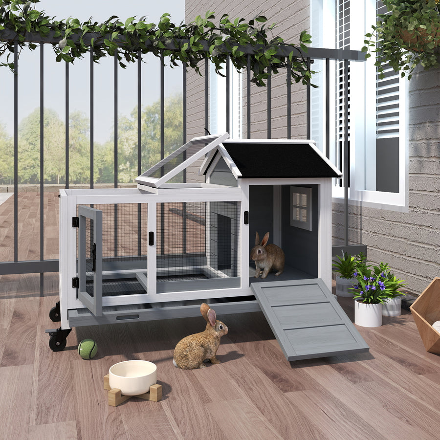 Wooden Rabbit Hutch, Guinea Pig Cage, with Removable Tray, Wheels - Grey