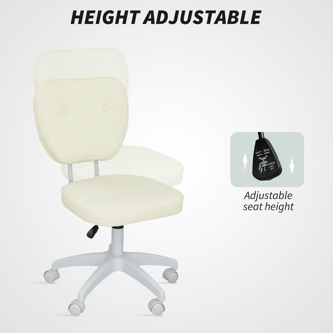 Vanity Office Chair, PU Leather Computer Chair for Home, with Adjustable Height, Armless, Swivel Wheels, Cream