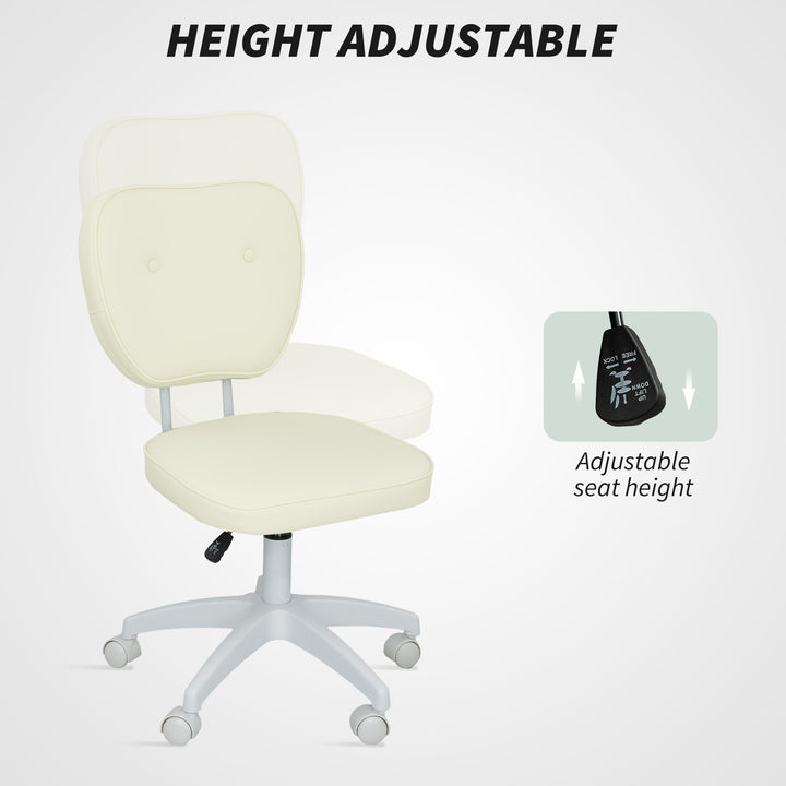 Vanity Office Chair, PU Leather Computer Chair for Home, with Adjustable Height, Armless, Swivel Wheels, Cream