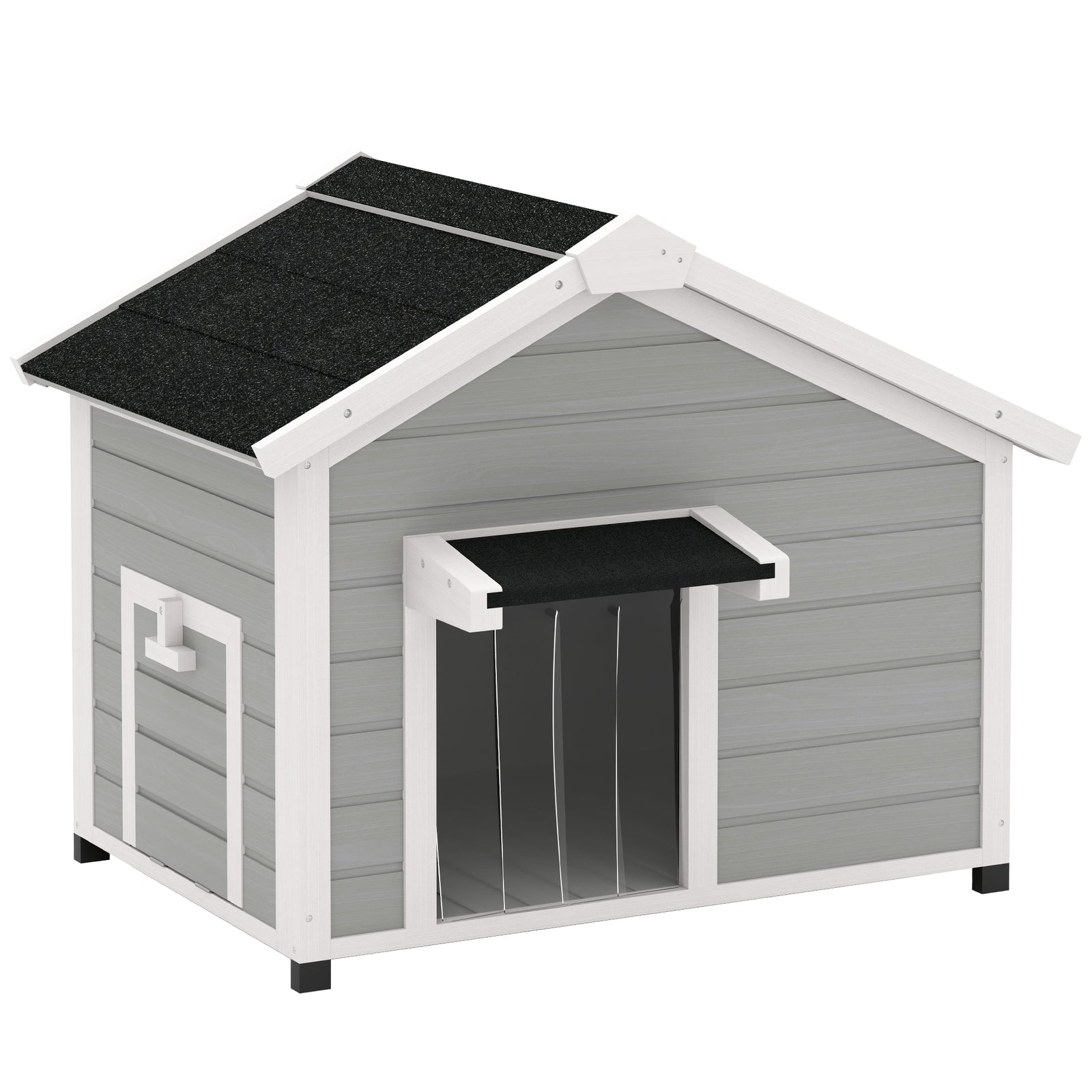 Wooden Dog House Outdoor with Openable Roof, Removable Floor, Curtain, Elevated Feet, for Medium Dogs, Light Grey