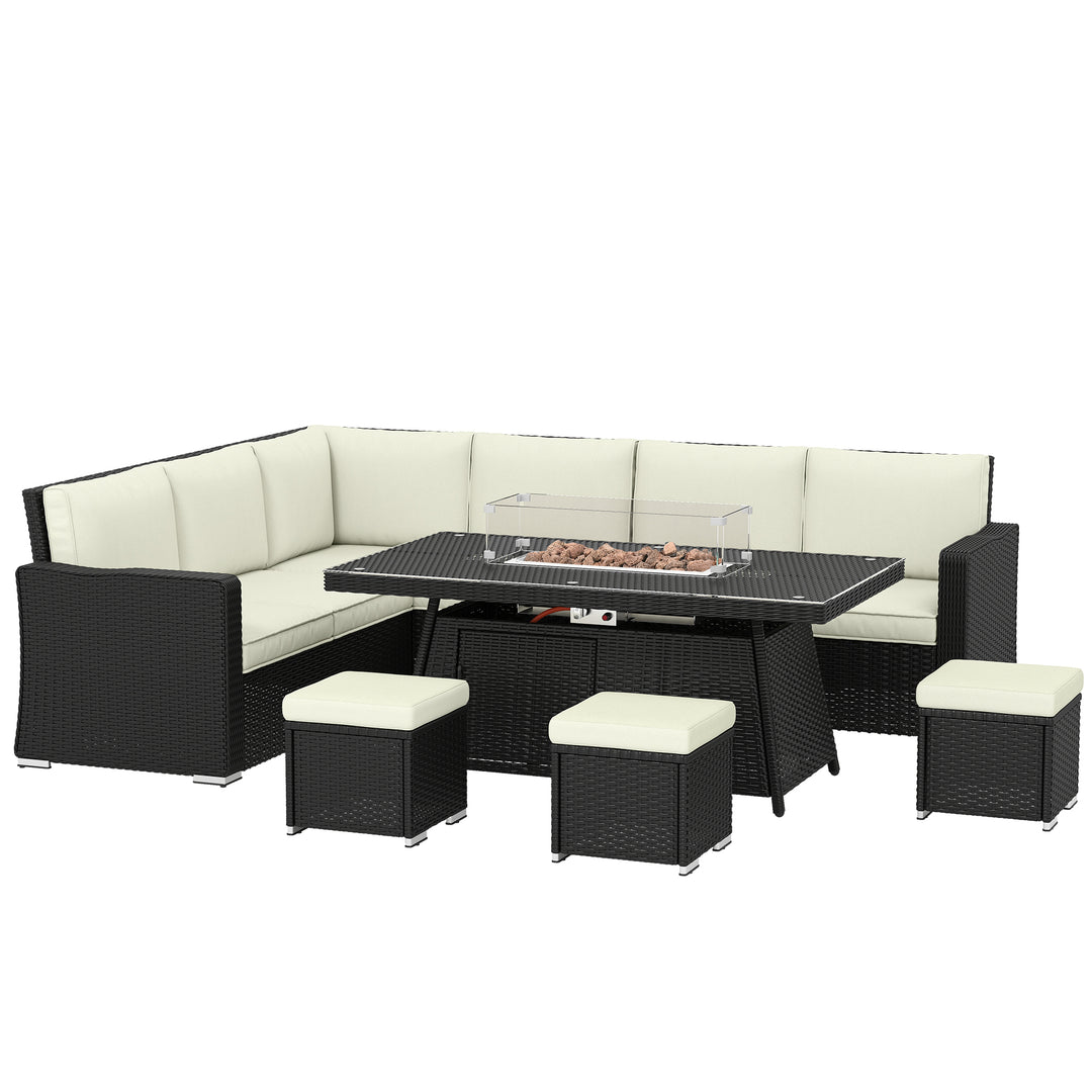 7 Pieces PE Rattan Garden Furniture Set, 50,000 BTU Gas Fire Pit Table